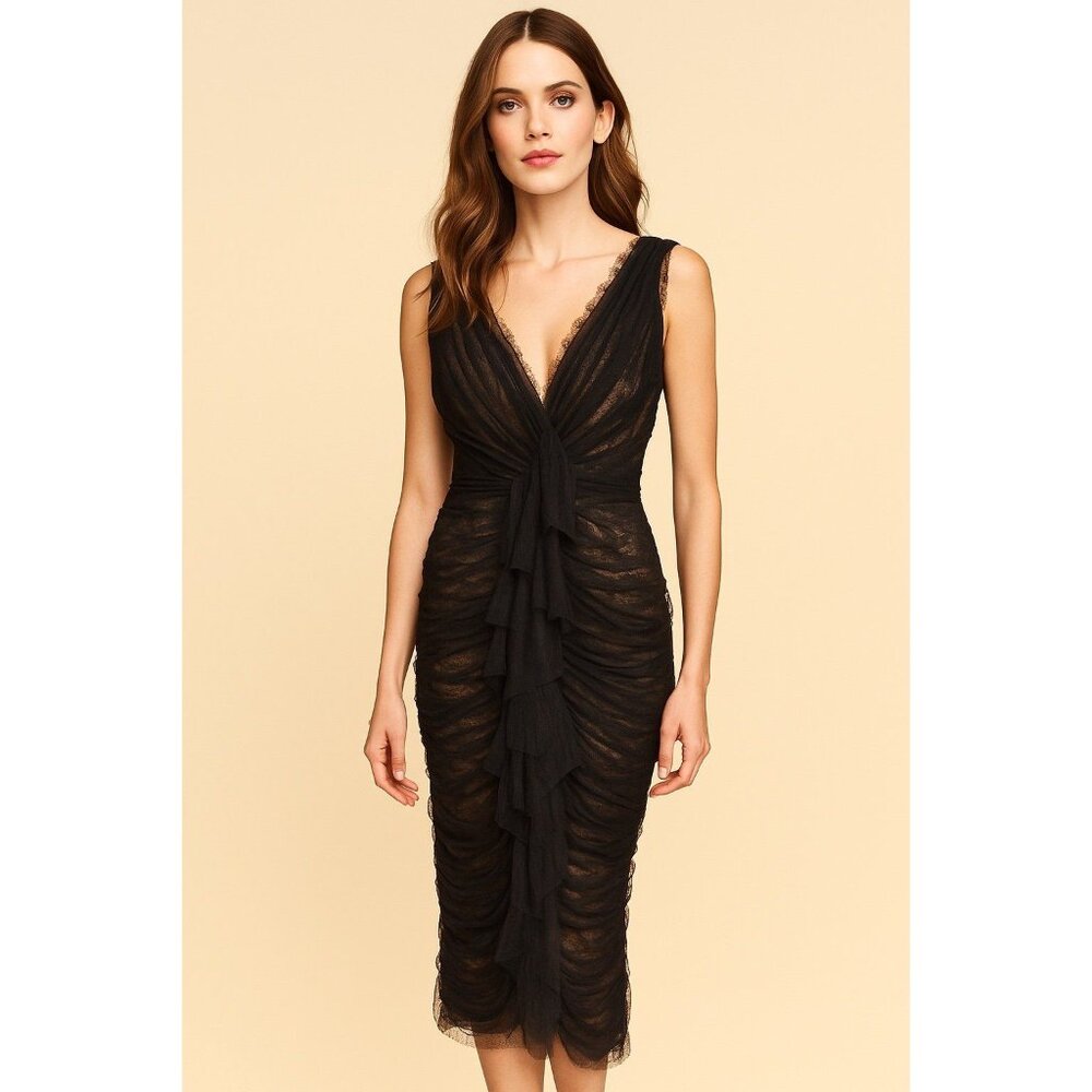 Melinda Eng Black Ruched Lace & Silk Evening Dress – Size 10, Made in USA